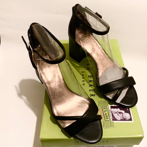 Ted Baker Sheaha Ankle Strap Heels Black Leather Sandals 9.5 Block Heel Pumps 40 - Picture 7 of 12